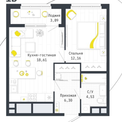 1 комнатная квартира общей площадью 43.55 м²
